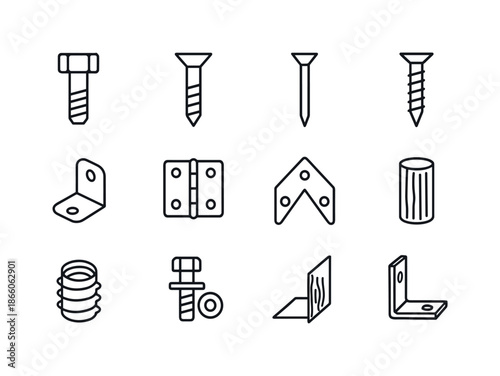 Wood and Metal Icons. Wood and Metal Hardware. Line icon set of Wood and Metal Hardware: hex bolt, flat screw, carpenter nail, wood screw, bracket mount, hinge