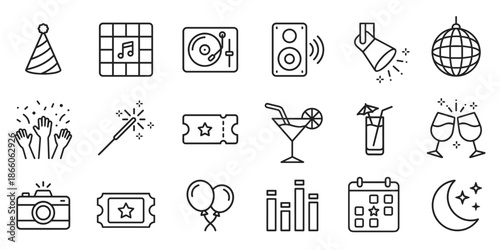 Party and nightlife line icons featuring disco ball, cocktails, DJ equipment, and balloons in minimal outline style for event planning and celebration designs