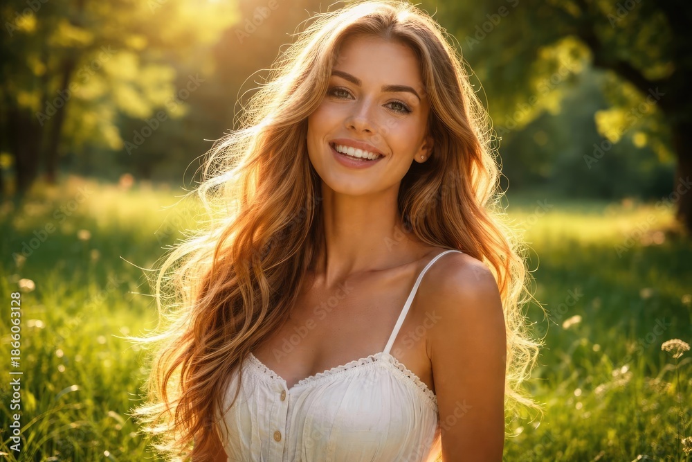 Naklejka premium Radiant cartoon figure with long wavy hair beaming in a vibrant green outdoor space