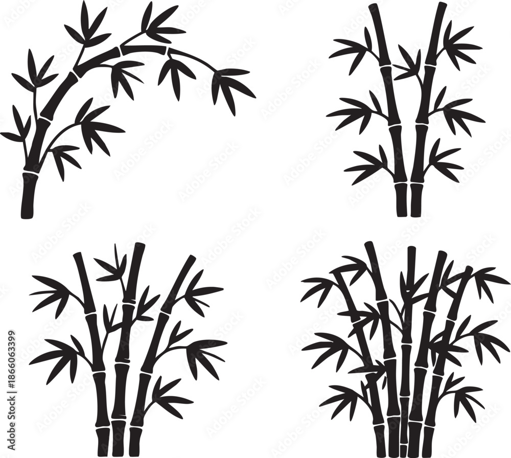 Fototapeta premium Black Bamboo Silhouette Vector Set | Minimal Asian Nature Illustration