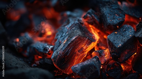 Glowing hot charcoal embers ready to ignite a fire. Use this to illustrate concepts of heat, power, and energy.