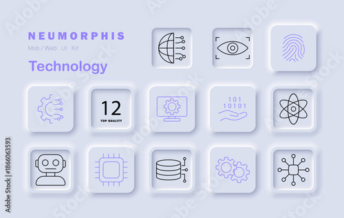 Technology set icon. Includes fingerprint, robot, microchip, satellite, gears, binary, globe, server, atom, eye scan, settings, artificial intelligence visuals