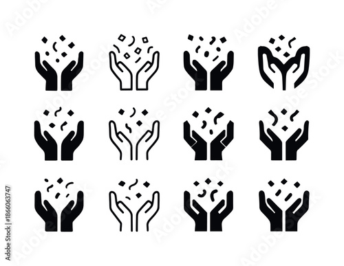 Success Celebration Icons. Celebrating Success. Icon set. Set Logo of Celebrating Success: raised hands throwing confetti. harmonious logo variations of the