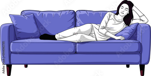 Create a realistic 3d rendering of an interior with a woman lying comfortably on a sofa in Very Peri colour vector art with white background..
