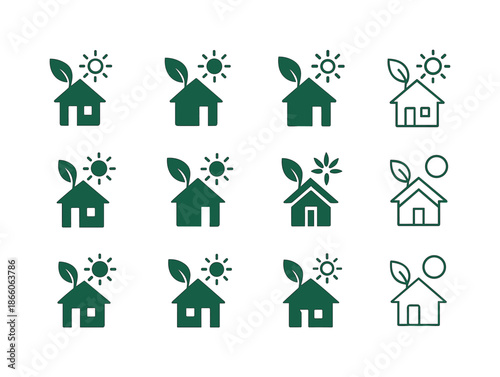 Renewable Energy Icons. Renewable energy adoption. Icon set. Set Logo of renewable energy adoption: energy-efficient house. harmonious logo variations of the