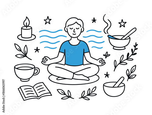 Meditation Symbols Illustrated. Meditation. Hand-drawn doodle illustration Meditation lotus pose (accented), candle, incense (accented), cushion, stars, calm