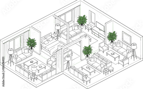 Isometric apartment interior layout with living rooms and bedroom, modern home floor plan line art illustration with furniture and plants for architecture, real estate, design