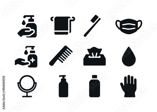 Personal Hygiene Icons. Personal hygiene. Solid icon set of Personal hygiene: hand soap, towel, toothbrush, mask, sanitizer, comb, tissue, water drop, mirror,