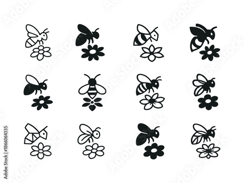 Beekeeping Logo Variations. Beekeeping and Pollination. Icon set. Set Logo of Beekeeping and Pollination: honeybee on flower. harmonious logo variations of the