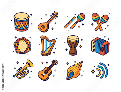 Traditional Music Icons. Traditional music. Colorful isometric vector icons set of traditional music: drum, sitar, flute, maracas, tambourine, harp, djembe,