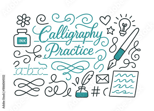 Calligraphy Practice Essentials. Calligraphy Practice. Hand-drawn doodle illustration flowing script (colored #189d82), ink bottle, nib pen (accented #189d82),