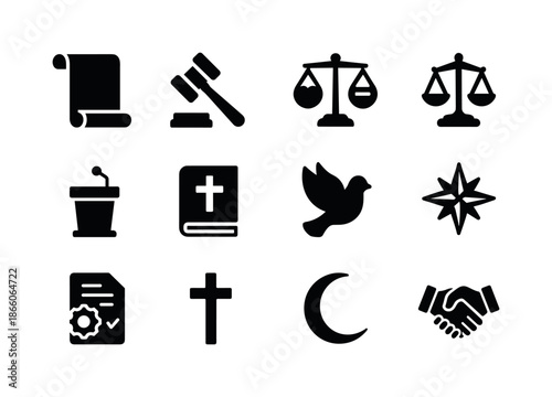 Moral Policy Icons. Moral policy icons. Solid icon set of moral policy icons: scroll, gavel, heart scale, balance icon, podium, faith book, dove, compass rose,