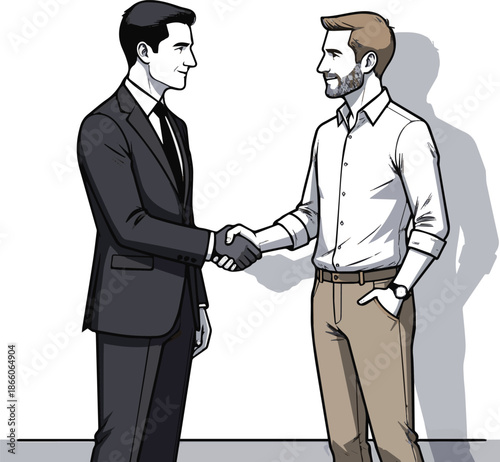 Create a realistic two men standing and shaking hands vector art with white background.