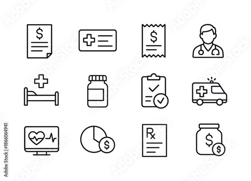 Healthcare Costs Icons. Healthcare costs. Line icon set of healthcare costs: medical bill, insurance card, copay receipt, doctor visit, hospital bed, pill