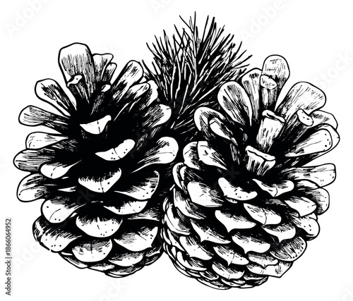 Hand drawn line art natural elements set featuring two pine cones and needles for winter holiday design