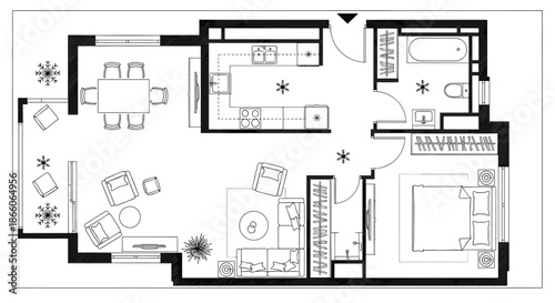 Modern apartment floor plan layout with furniture, kitchen, bedroom and bathroom, detailed architectural line drawing for real estate, interior design, housing plans, construction