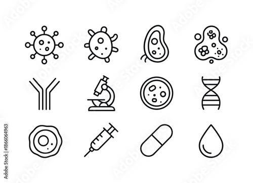 Pathogen Icon Set. Pathogen Icons. Line icon set of Pathogen Icons: virus, bacteria, protozoa, spore, antibody, microscope, petri dish, DNA strand, cell,