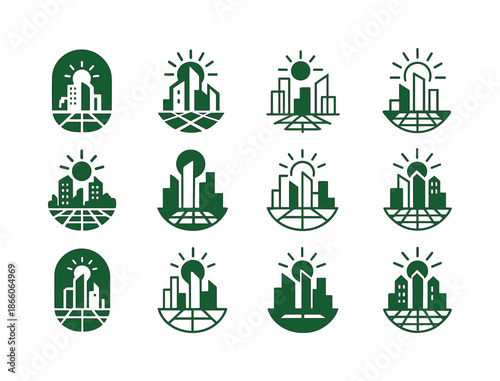 Solar Punk Icons. Solar punk architecture fans. Icon set. Set Logo of Solar punk architecture: solar-powered cityscape. harmonious logo variations of the same