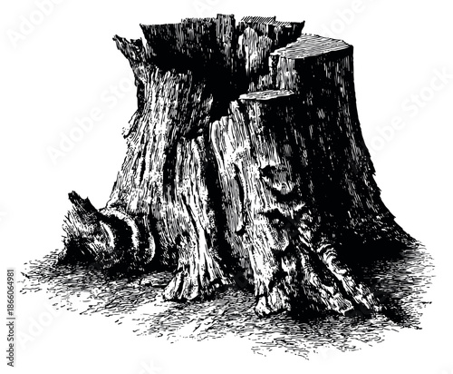 Vintage line art illustration of a tree stump depicting its weathered texture for nature concepts