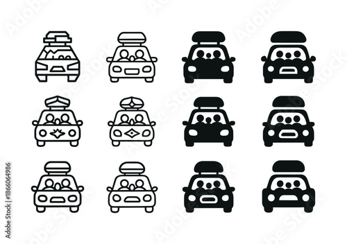 Family Road Trip Logos. Family road trips. Icon set. Set Logo of Family road trips: packed roof box. harmonious logo variations of the same emblematic concept,