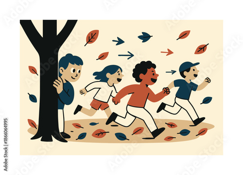 Playful Hide and Seek. Hide and seek. A child peeks from behind a tree while others run with excitement, leaves and playful arrows scattered around.