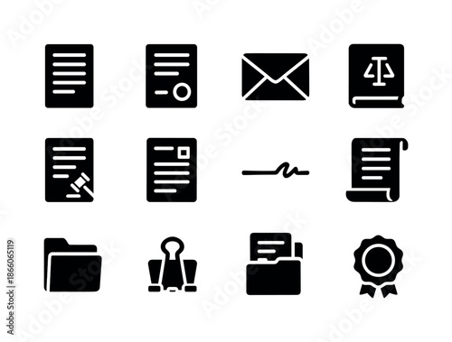 Legal Document Icons. Legal documents. Solid icon set of legal documents: contract page, stamped document, sealed envelope, law book, court order, evidence