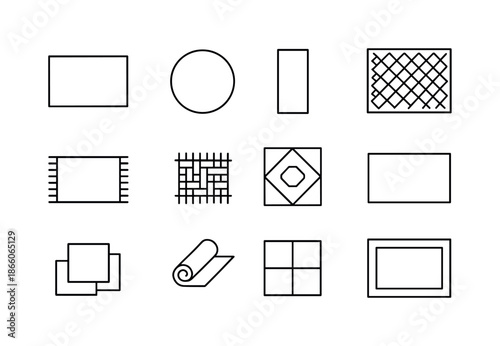 Rug Style Icons. Rug Styles. Line icon set of Rug Styles: rectangular rug, round rug, runner, patterned rug, fringe detail, woven texture, geometric rug, solid