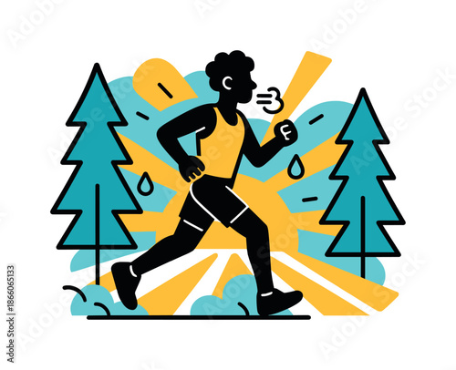 Sunrise Jog Momentum. Sunrise Jog Rhythm. A runner?s silhouette moves past tall trees while long sunrise beams stretch across the scene. Floating breath lines