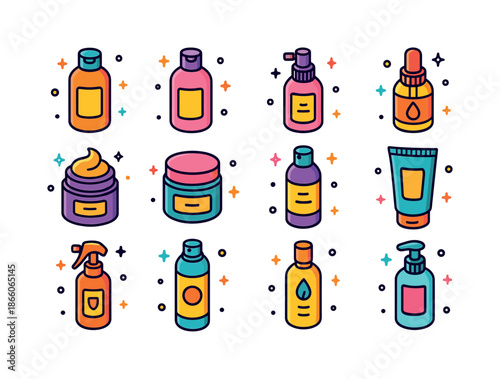 Colorful Haircare Icons. Hair products. Colorful isometric vector icons set of hair products: shampoo, conditioner, leave-in spray, shine serum, hair gel, hair