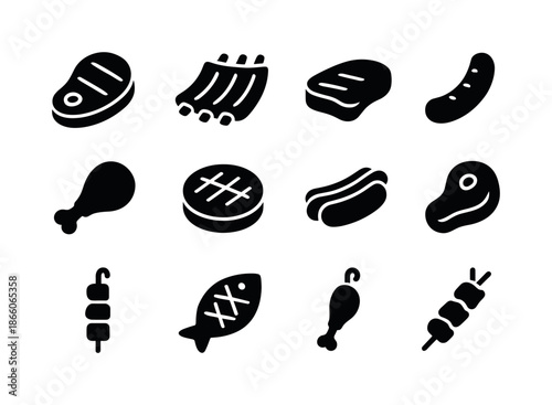 BBQ Meats Icons. BBQ meats. Solid icon set of BBQ meats: steak, ribs, brisket slice, sausage, chicken thigh, burger patty, hot dog, pork chop, kebab, fish