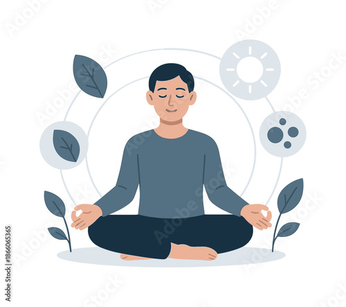 Harmony and Resilience. Natural immunity. Leaves, sunlight, and healthy cells orbit a relaxed figure, light rings suggesting harmony. Calm gradients show