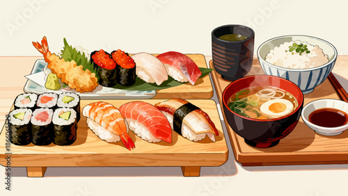 Japanese sushi meal with soup and rice