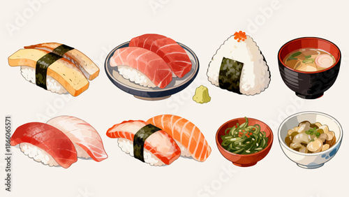 Japanese sushi and side dishes illustration