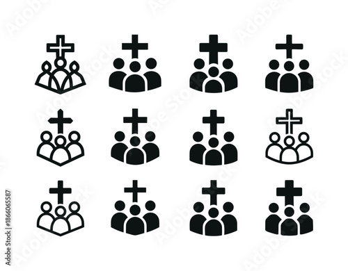 Catholic Mission Logos. Catholic mission work. Icon set. Set Logo of Catholic mission work: people gathering at cross. harmonious logo variations of the same