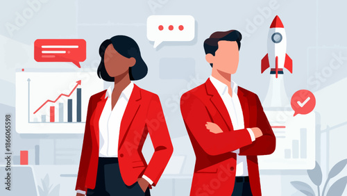 Business professionals in red suits
