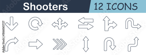 Shooters set icon. Directional arrows pointing up, down, left, right, diagonal, curved, and rotating styles shown with clean outlined navigation indicators.