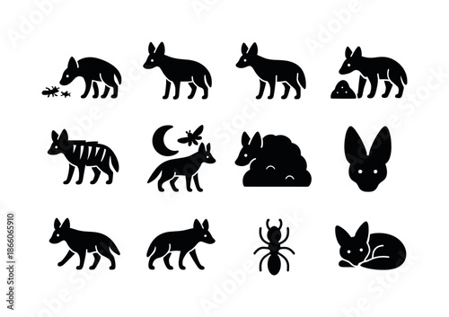 Aardwolf Icons Set. Aardwolves. Solid icon set of Aardwolves: termite eater, narrow muzzle, timid stance, insect mound, striped fur, night insect hunt, hiding