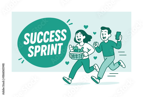 Energetic Success Sprint. Success sprint banner, flat vector illustration, bold oversized text inside rounded blob, cartoon characters running and smiling,