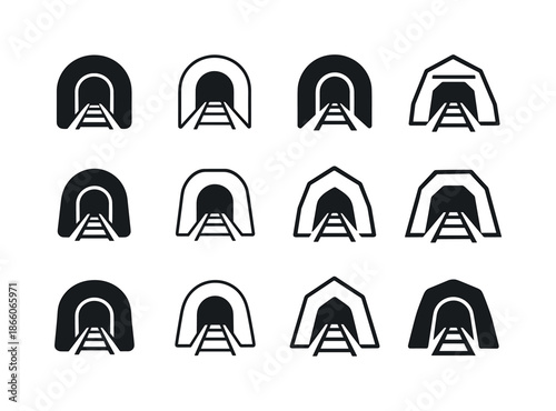 Underground Mining Icons. Underground Mining Techniques. Icon set. Set Logo of Underground Mining Techniques: cross-section of mine tunnel. harmonious logo