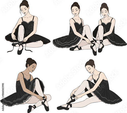 Create a kinds of deferent Beautiful asian ballerina in a black ballet tutu dress sitting on the floor and adjusting her dance shoes vector art with white background..