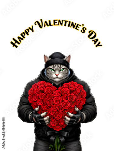 Tough Gangster Cat in Black Hoodie & Beanie Holding Heart-Shaped Red Roses Bouquet with Happy Valentine's Day Greeting Illustration