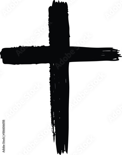 A roughly drawn black cross stands prominently against a stark white background isolated