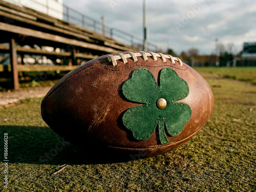 Vintage American Football with Green Suede Four-Leaf Clover Patch on Field - Lucky Sports Illustration
