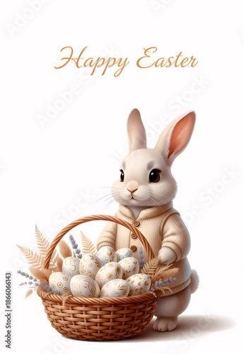 Adorable Bunny in Cozy Cardigan Holding Easter Egg Basket with 'Happy Easter' Greeting & Floral Accents Vector Illustration