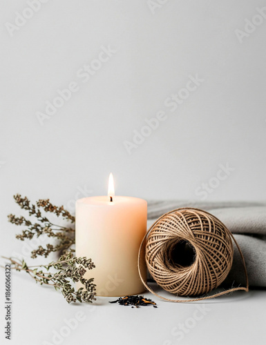 Cozy still life with a lit beige candle, rustic rope, and dried herbs on a neutral surface, evoking warmth and simplicity in a serene home decor photographic composition.