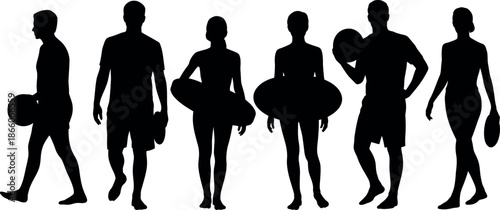 Black silhouettes of people holding inflatable rafts on white background