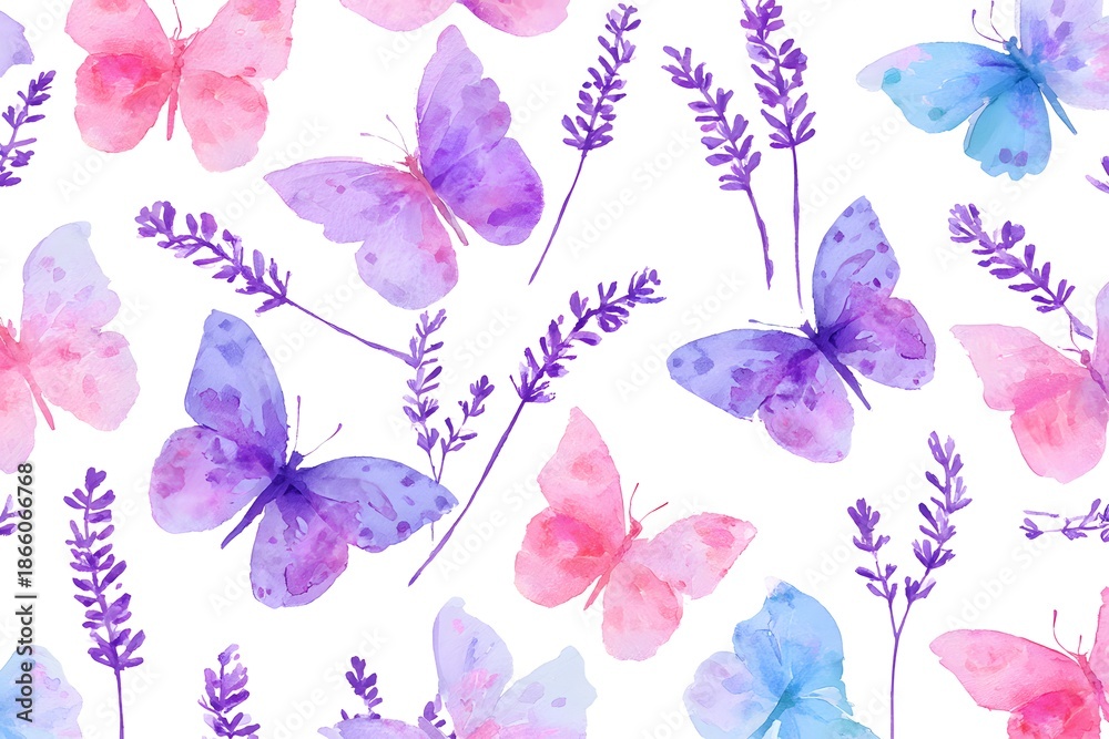 Obraz premium beautiful watercolor painting featuring a pattern of pastel-colored purple, pink, and blue butterflies with lavender flowers on a white background.