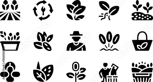Collection of various eco friendly and gardening related icons on white background