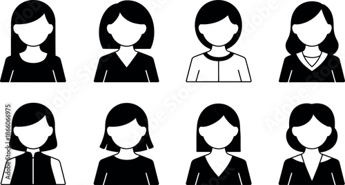 set of cartoon women with different hairstyles and clothes