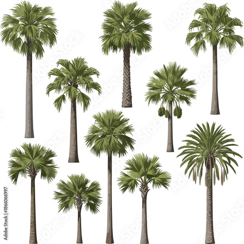 Create a kinds of deferent realistic Canary island palm or pineapple palm vector art with white background.